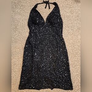 Vintsge 100% SILK Scala Black Beaded Mini Dress Halter Low Back